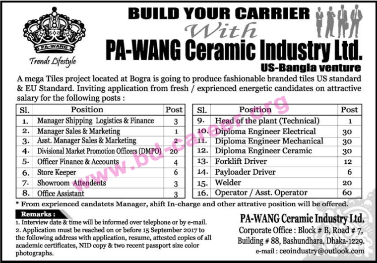 PA-WANG Ceramic Industry Ltd. Job Circular